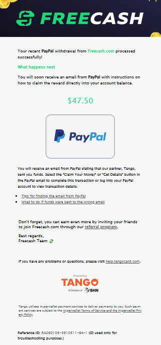 Freecash withdrawal confirmation email showing $47.50 sent via Tango to PayPal